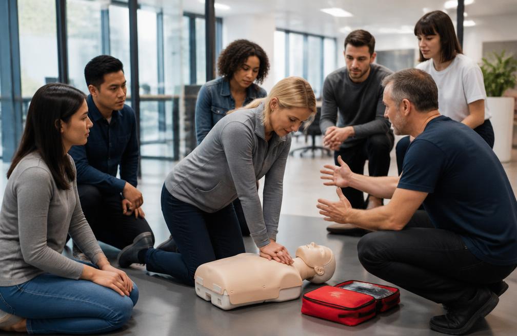 Team übt gemeinsam Herzdruckmassage im Unternehmen